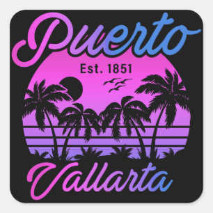 Puerto Vallarta Retro Sunset 80er Palm Trees Quadratischer Aufkleber