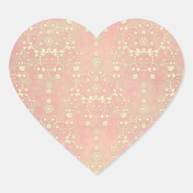 Puff Pink Peach Damask Herz-Aufkleber (Vorderseite)