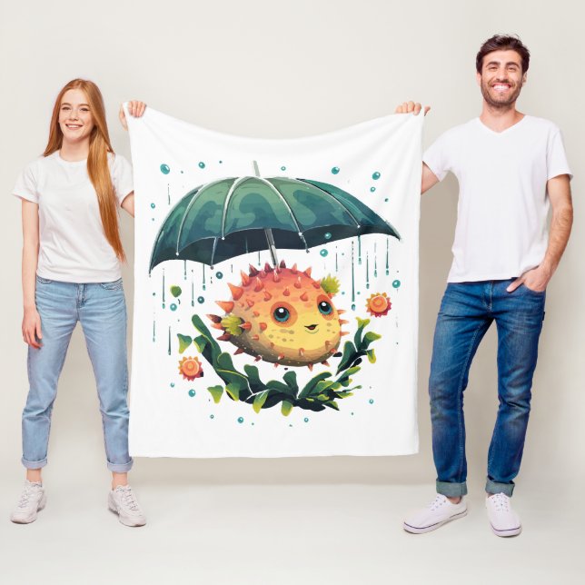 Puffer Fisch Regentag mit Regenschirm Fleecedecke (Beispiel)