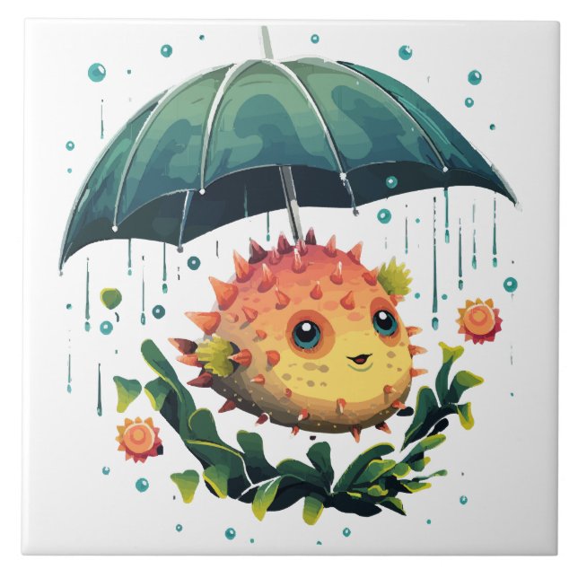 Puffer Fisch Regentag mit Regenschirm Fliese (Vorderseite)