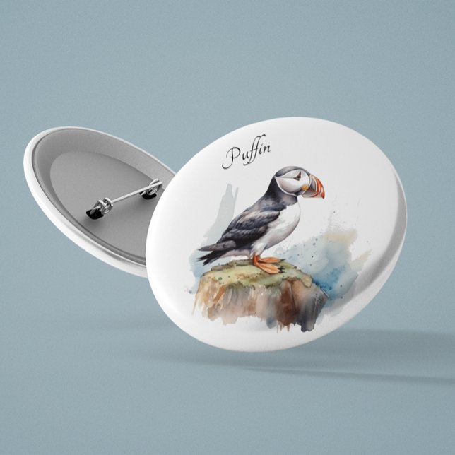 Puffin auf einer Felsenwasserfarbe, nach Maß Button (Von Creator hochgeladen)