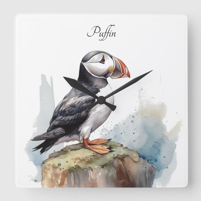 Puffin auf einer Felsenwasserfarbe, nach Maß Quadratische Wanduhr (Vorderseite)