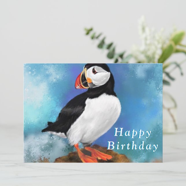 Puffin Bird Happy Birthday Card (Stehend Vorderseite)