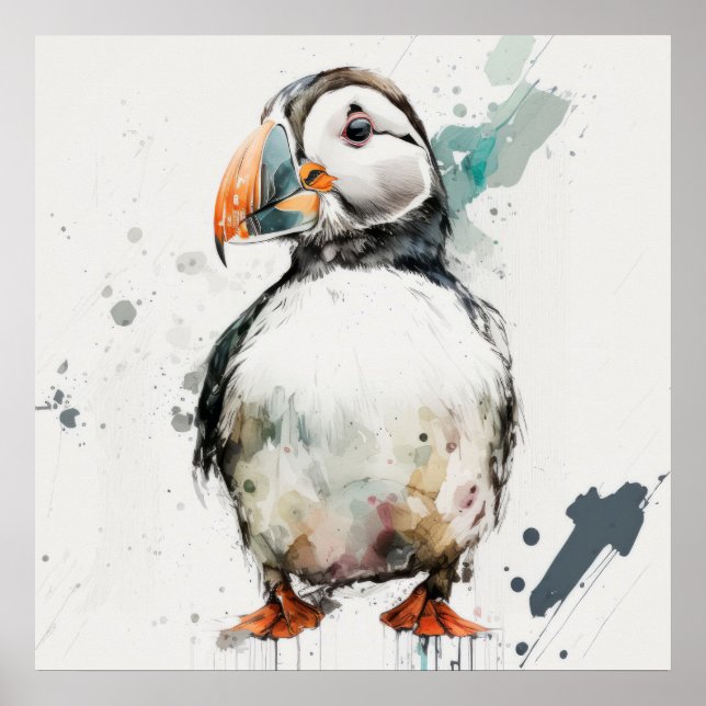 Puffin Bird Portrait Animal Painting Free Poster (Vorne)
