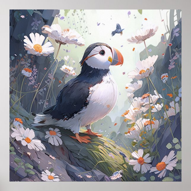 Puffin Bird Portrait Animal Painting Free Poster (Vorne)