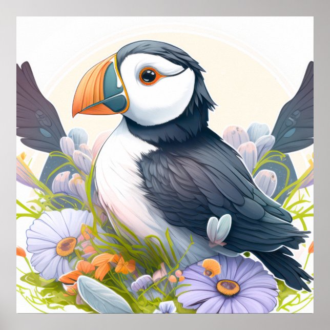 Puffin Bird Portrait Animal Painting Free Poster (Vorne)