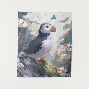 Puffin Bird Portrait Animal Painting Free Wandteppich