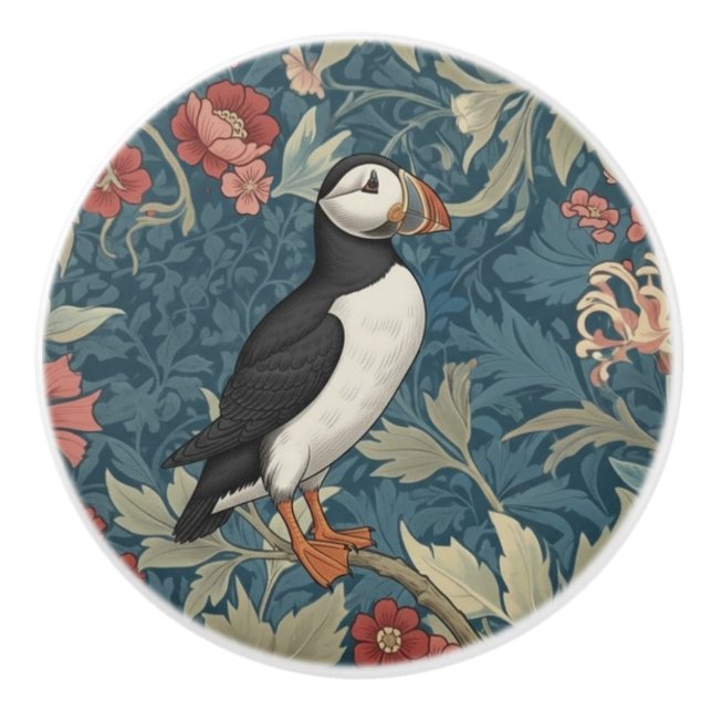Puffin Bird William Morris style Right Facing Keramikknauf (Vorderseite)