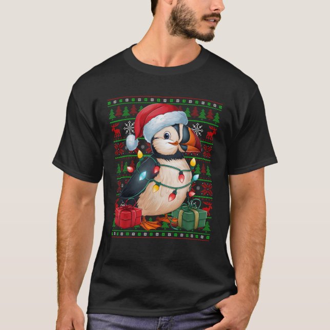 Puffin Bird Xmas Lights Ugly Weihnachtsmannmütze P T-Shirt (Vorderseite)
