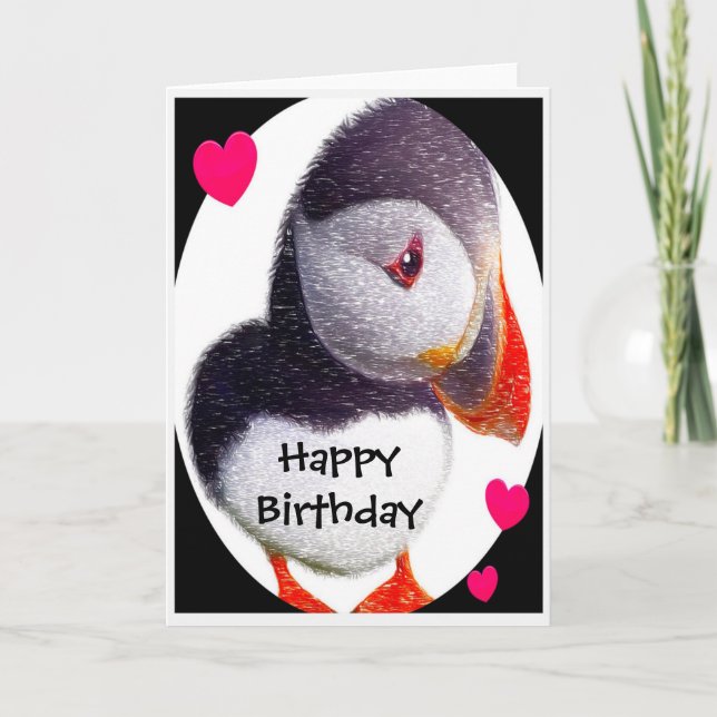 Puffin Hearts Happy Birthday Card Karte (Vorderseite)
