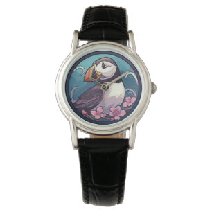 Puffin mit rosa Blume Armbanduhr