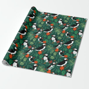 Puffin Pattern Lush Green Geschenkpapier