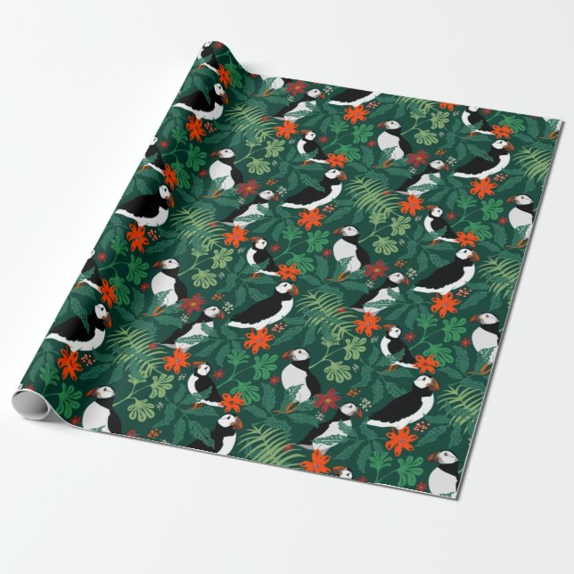 Puffin Pattern Lush Green Geschenkpapier (Ungerollt)