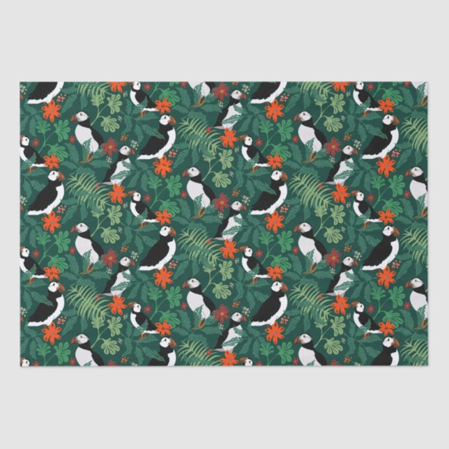 Puffin Pattern Lush Green Seidenpapier (Vorderseite)