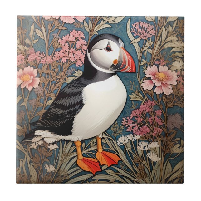 Puffin und Sea Thrift Blume William Morris Fliese (Vorderseite)