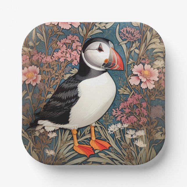 Puffin und Sea Thrift Blume William Morris Pappteller (Vorderseite)