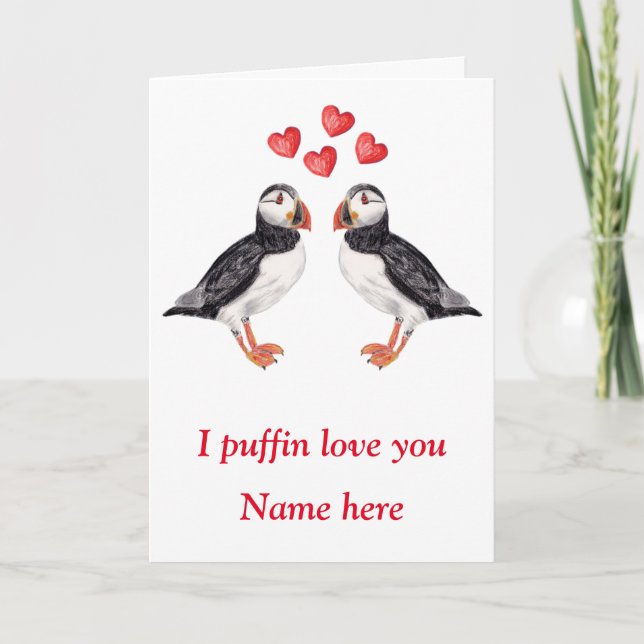 Puffin Valentine with hearts Feiertagskarte (Vorderseite)