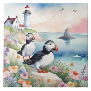 Puffins am Meer - Blume und Leuchtturm im Ozean Fliese