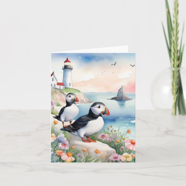 Puffins am Meer - Blume und Leuchtturm im Ozean Karte (Vorderseite)