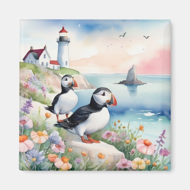 Puffins am Meer - Blume und Leuchtturm im Ozean Magnet (Vorne)