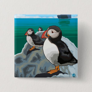 Puffins beim Beobachten eines Kreuzfahrtschiffs Button