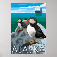 Puffins beim Beobachten eines Kreuzfahrtschiffs