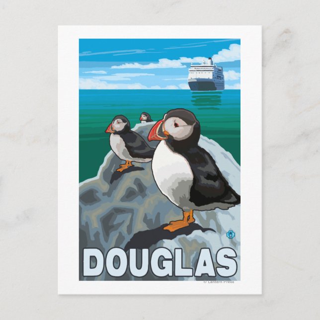 Puffins & Cruise Ship - Douglas, Alaska Postkarte (Vorderseite)