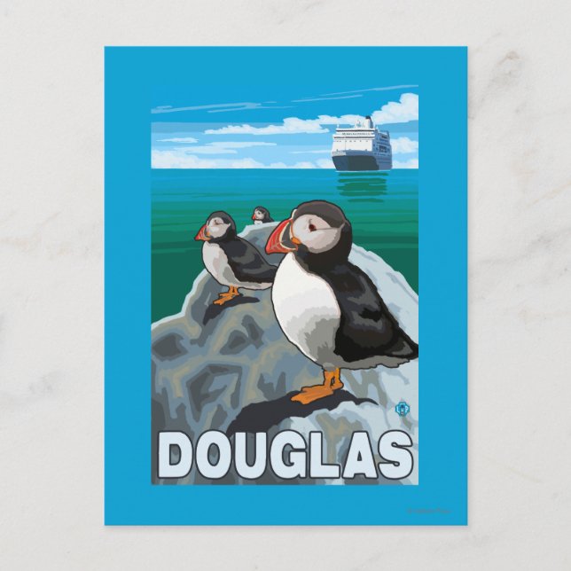 Puffins & Cruise Ship - Douglas, Alaska Postkarte (Vorderseite)