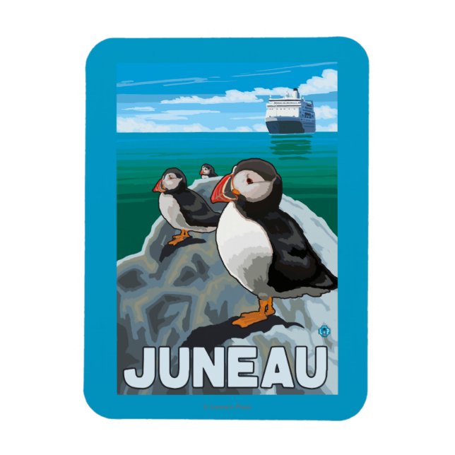 Puffins & Kreuzfahrtschiff - Juneau, Alaska Magnet (Vertikal)