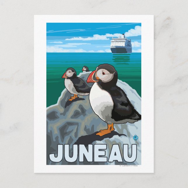 Puffins & Kreuzfahrtschiff - Juneau, Alaska Postkarte (Vorderseite)