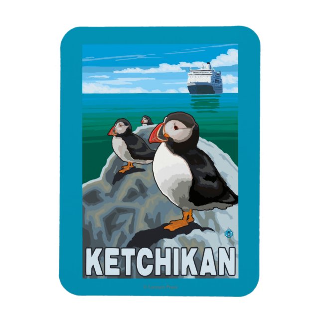 Puffins & Kreuzfahrtschiff - Ketchikan, Alaska Magnet (Vertikal)