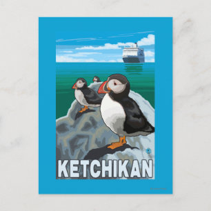Puffins & Kreuzfahrtschiff - Ketchikan, Alaska Postkarte