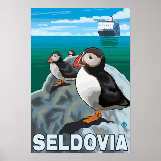 Puffins & Kreuzfahrtschiff - Seldovia, Alaska Poster (Vorne)