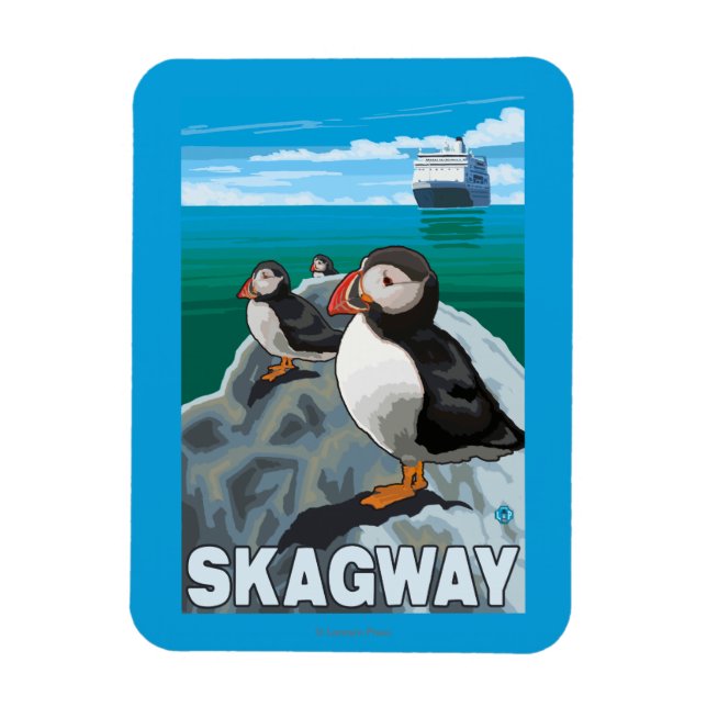 Puffins & Kreuzfahrtschiff - Skagway, Alaska Magnet (Vertikal)