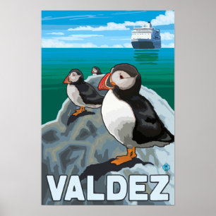 Puffins & Kreuzfahrtschiff - Valdez, Alaska Poster