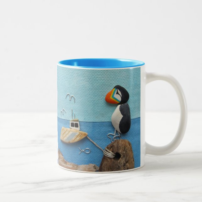 Puffins - Strand-Kunst-Collagen-Tasse Zweifarbige Tasse (Rechts)