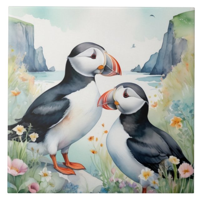Puffvögel an der Küste mit Aquarellfarben-Blume Fliese (Vorderseite)