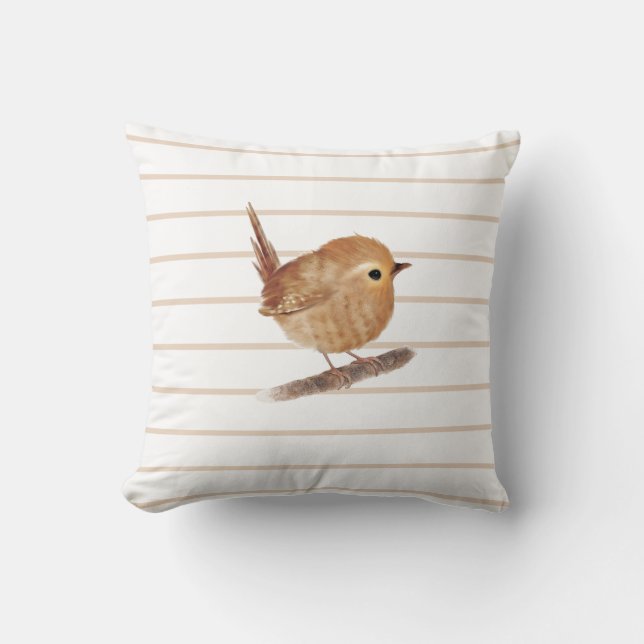 Puffy Wren Bird Throw Kissen (Vorderseite)
