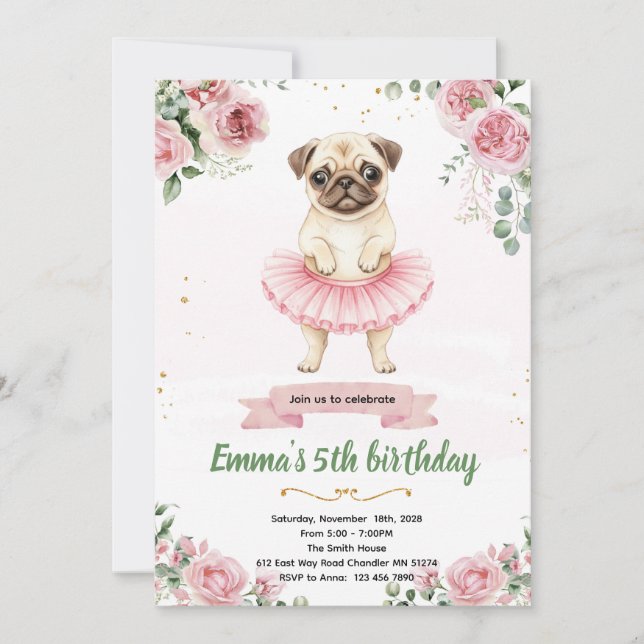 Pug Ballerina Birthday Invitation Einladung (Vorderseite)