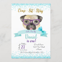 Pug Birthday Invitation, Pug Invite,