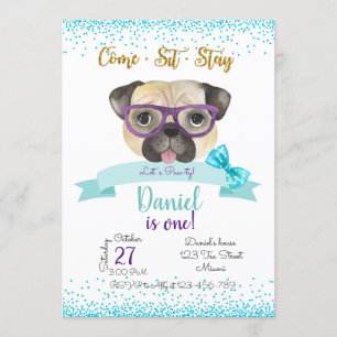 Pug Birthday Invitation, Pug Invite, Einladung
