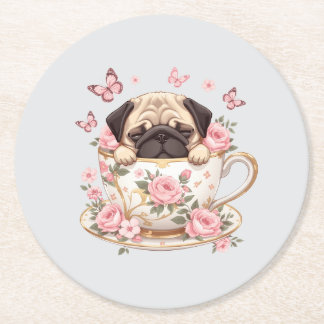 Pug Blossom Dreams Coaster – Cute Floral Pug Drink Runder Pappuntersetzer