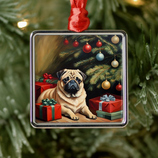 Pug celebrates Christmas Ornament Aus Metall (Baum)