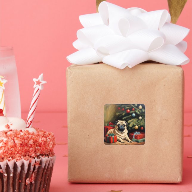Pug celebrates Christmas Quadratischer Aufkleber (Party)