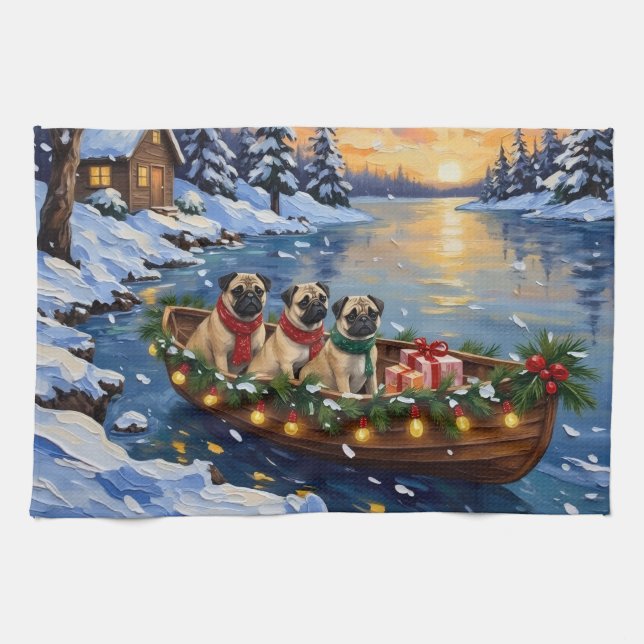 Pug Christmas Boat Holiday Geschirrtuch (Horizontal)