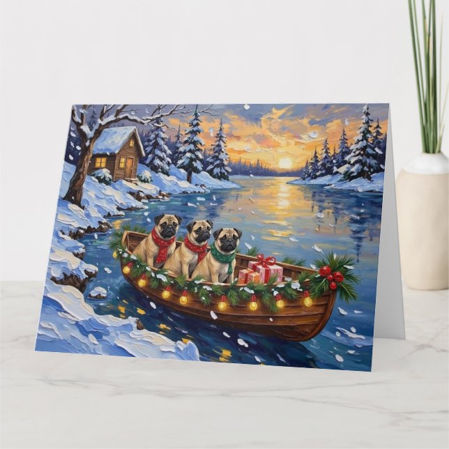Pug Christmas Boat Holiday Karte (Vorderseite)