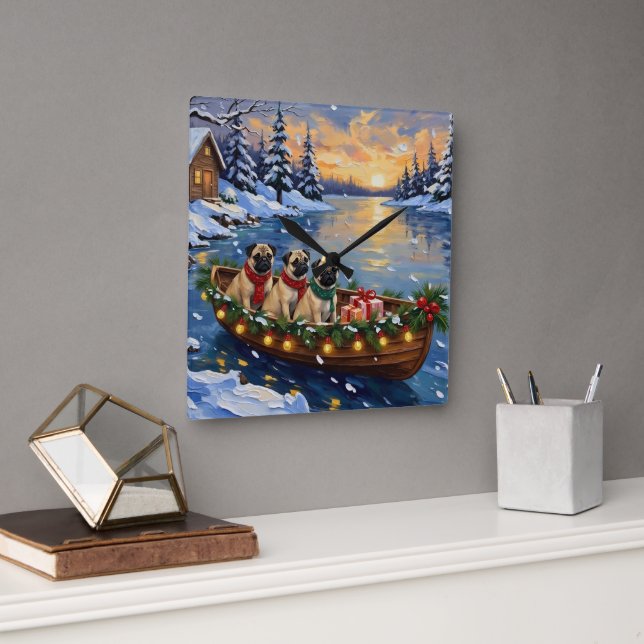 Pug Christmas Boat Holiday Quadratische Wanduhr (Büro)