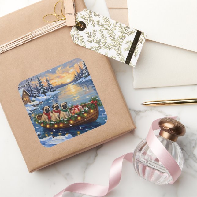 Pug Christmas Boat Holiday Quadratischer Aufkleber (Schenken)