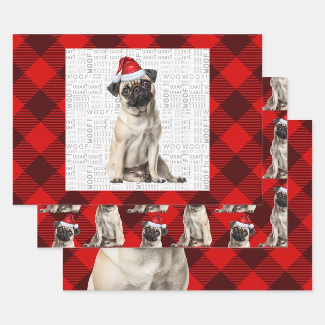 Pug Christmas Dog Red Buffalo Plaid Geschenkpapier Set (Set)