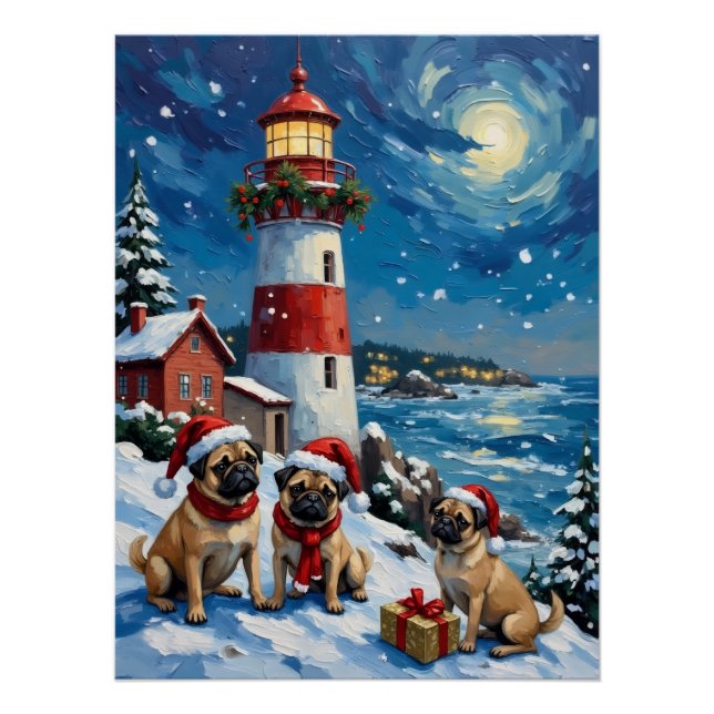Pug Christmas Lighthouse Holiday Poster (Vorderseite)